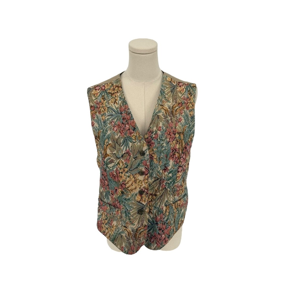 Vintage Floral Tapestry Vest Hunts Point Large Neutral Tones Button Up